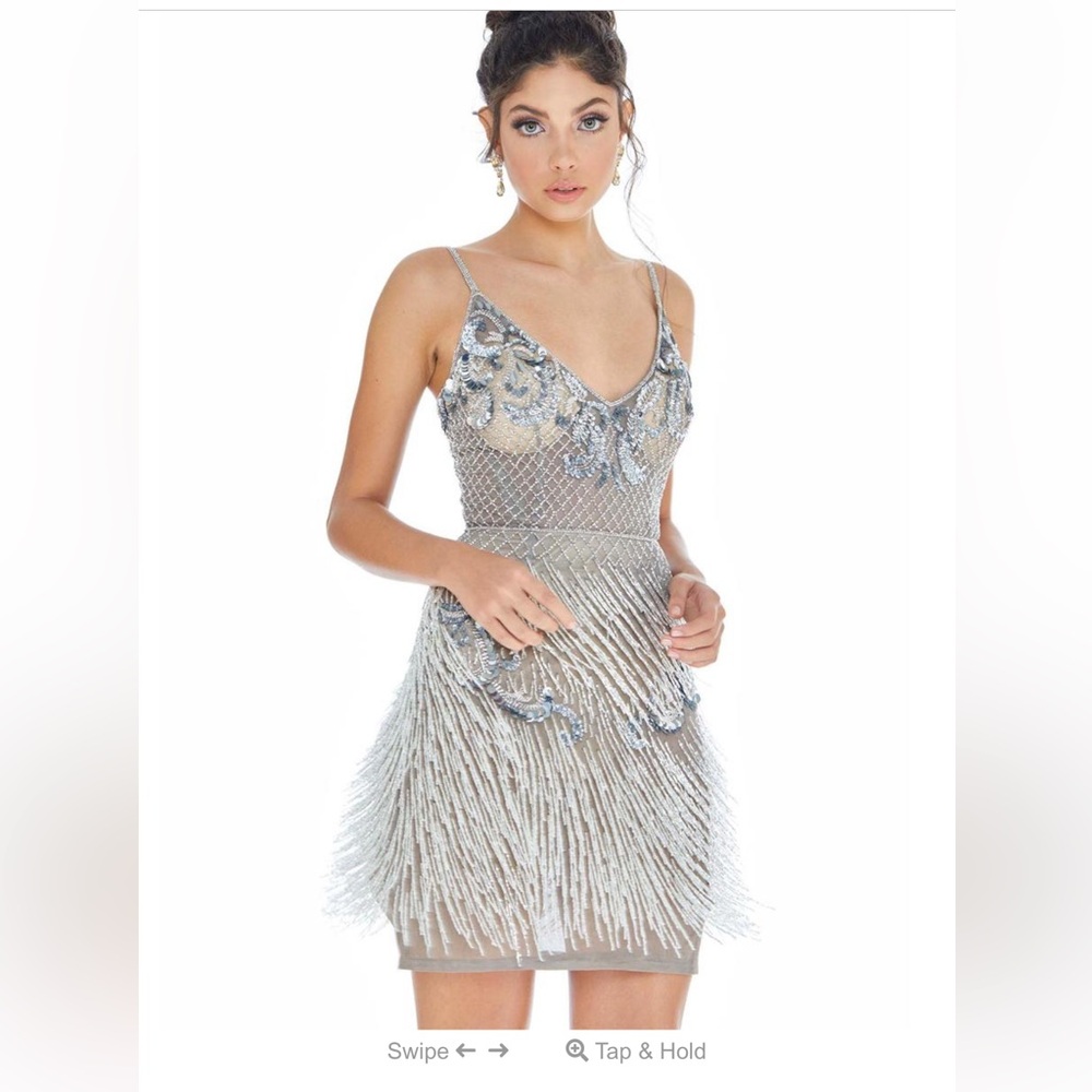 Silver Beaded Fringe Mini Dress - V-Neck Spaghetti Strap